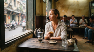 professional lifestyle photograph inside a stylish but authentic Vietnamese café in Hanoi, real adult traveller sitting by a window enjoying traditional Vietnamese drip coffee,