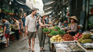 professional documentary photograph inside a bustling Vietnamese local market, real Vietnamese vendors selling fresh tropical fruit, herbs, vegetables and seafood
