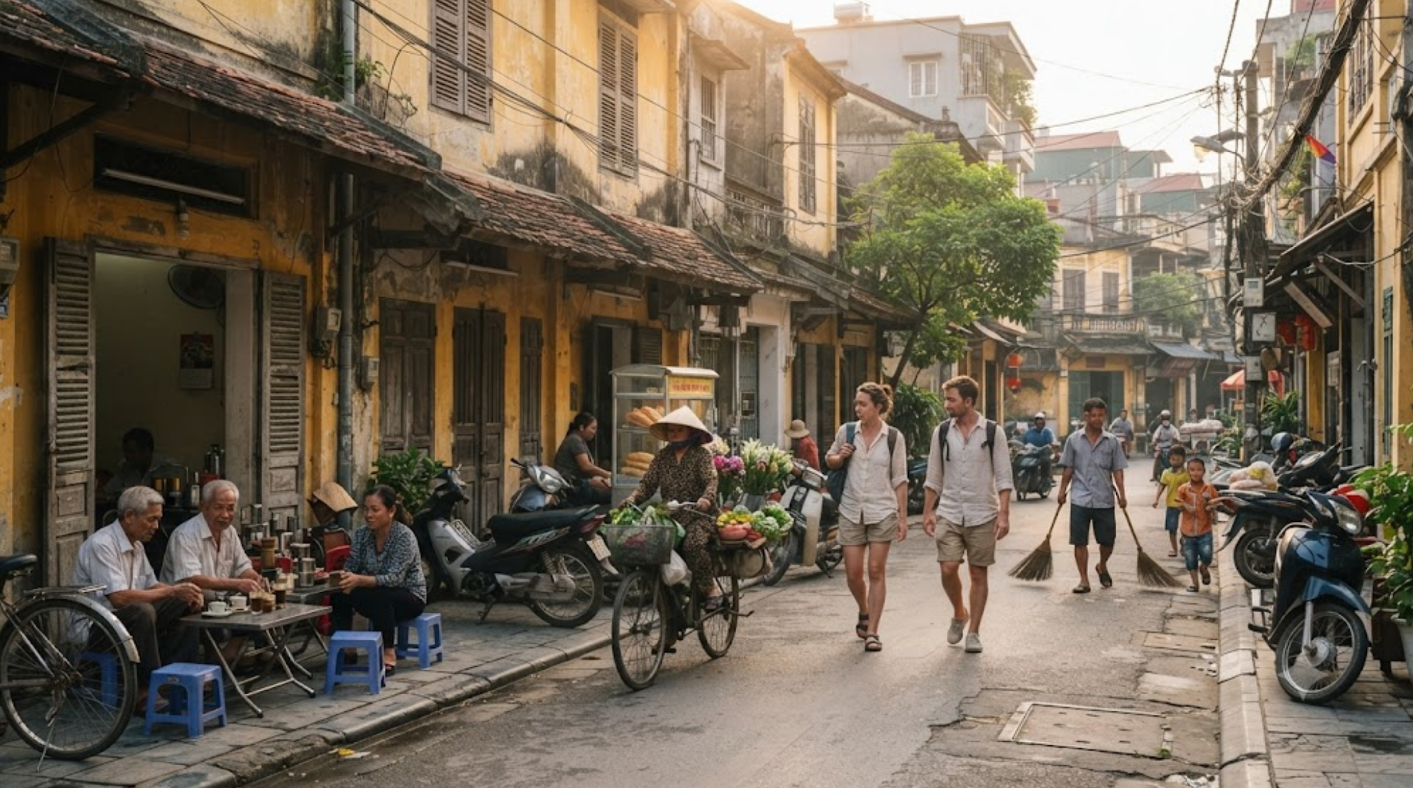 premium travel photograph of Hanoi, Vietnam during early morning, authentic Old Quarter street with traditional narrow Vietnamese buildings