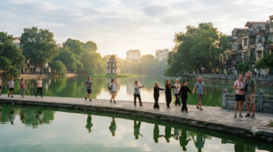 photograph of Hoan Kiem Lake in Hanoi, Vietnam during early morning