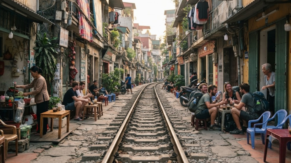 documentary photograph of Hanoi Train Street, Vietnam, narrow railway track running between authentic tightly packed Vietnamese residential buildings and small cafés,