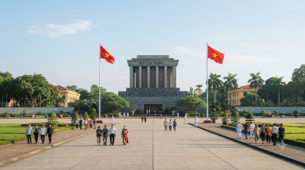 architectural travel photograph of Ho Chi Minh Mausoleum complex in Hanoi, Vietnam, broad landscaped Ba Dinh Square with the monumental building in the background,