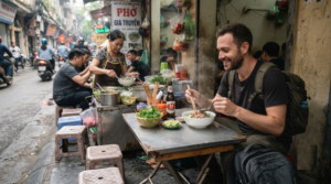 professional culinary documentary photograph in Hanoi, Vietnam, real adult traveller sitting at a small authentic street-food stall enjoying