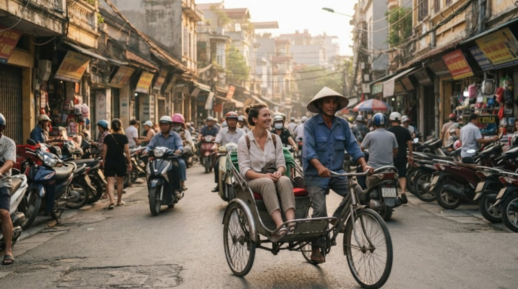 Hyper-realistic professional documentary travel photograph inside a busy Hanoi local market, Vietnam, real Vietnamese vendors selling tropical fruit, herbs, vegetables and traditional goods