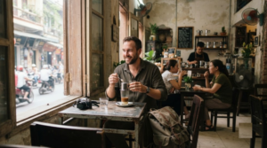 Hyper-realistic professional lifestyle travel photograph of a stylish but authentic Hanoi café, Vietnam, real adult traveller sitting near a large open window enjoying traditional Vietnamese coffee,