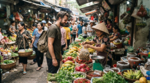 Hyper-realistic professional documentary travel photograph inside a busy Hanoi local market, Vietnam, real Vietnamese vendors selling tropical fruit, herbs