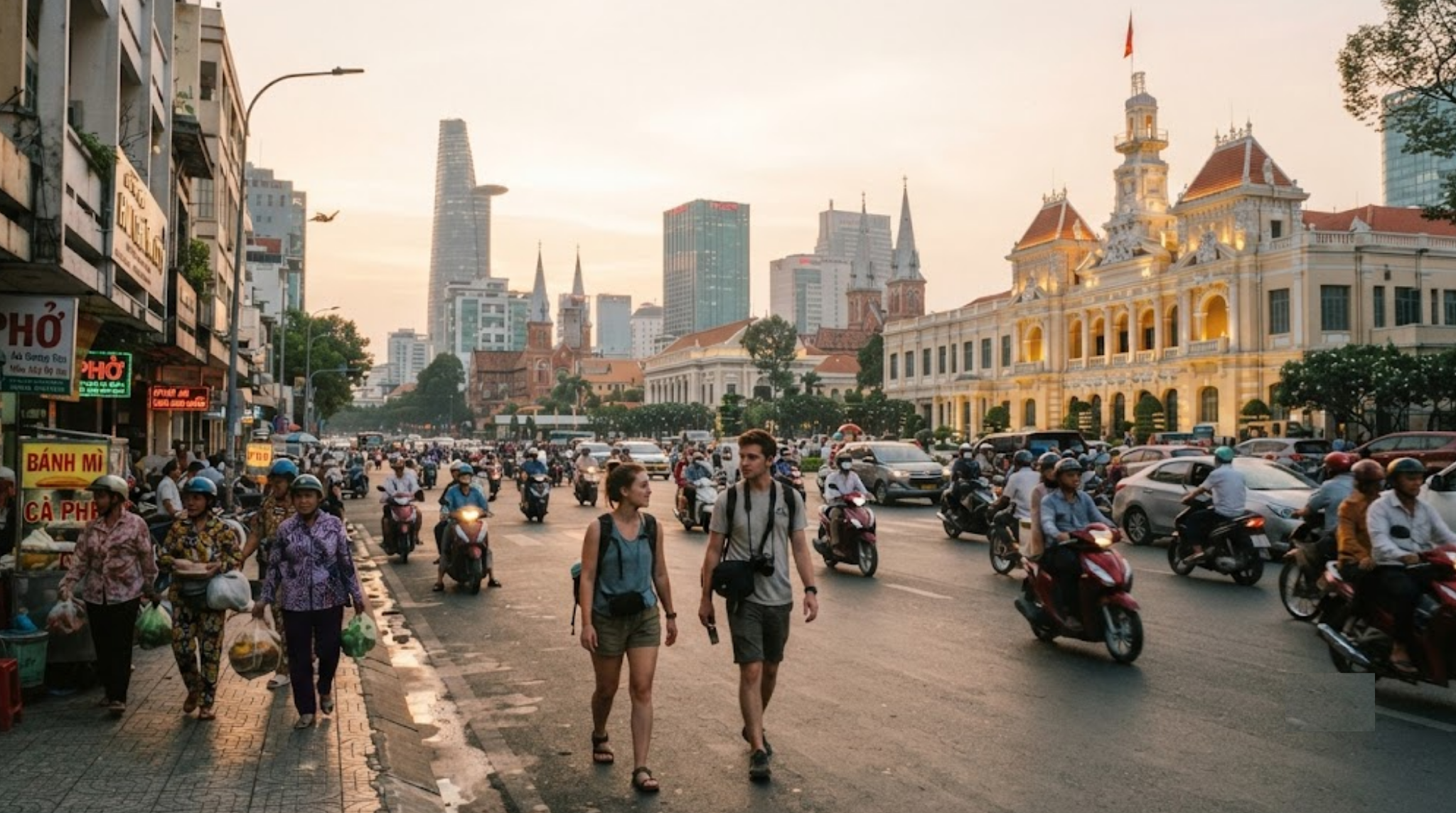 travel photograph of Ho Chi Minh City, Vietnam at golden hour, wide urban cityscape showing a natural combination of modern skyscrapers,