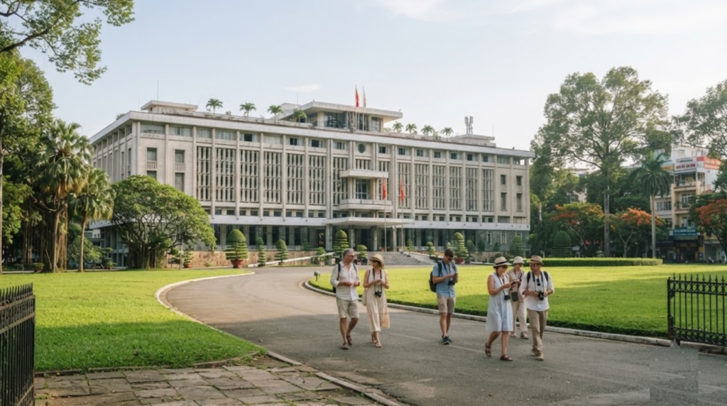 professional architectural travel photograph of Independence Palace in Ho Chi Minh City, Vietnam, iconic 20th-century modernist building surrounded by manicured green lawns and tropical trees,