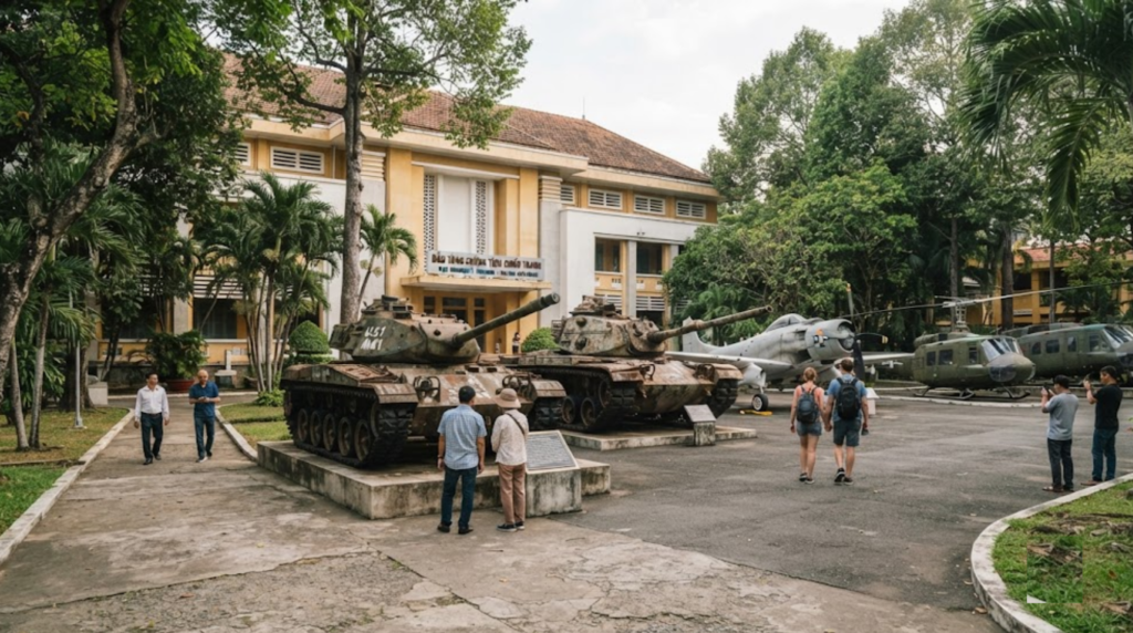 professional documentary travel photograph of the exterior courtyard of the War Remnants Museum in Ho Chi Minh City, Vietnam,