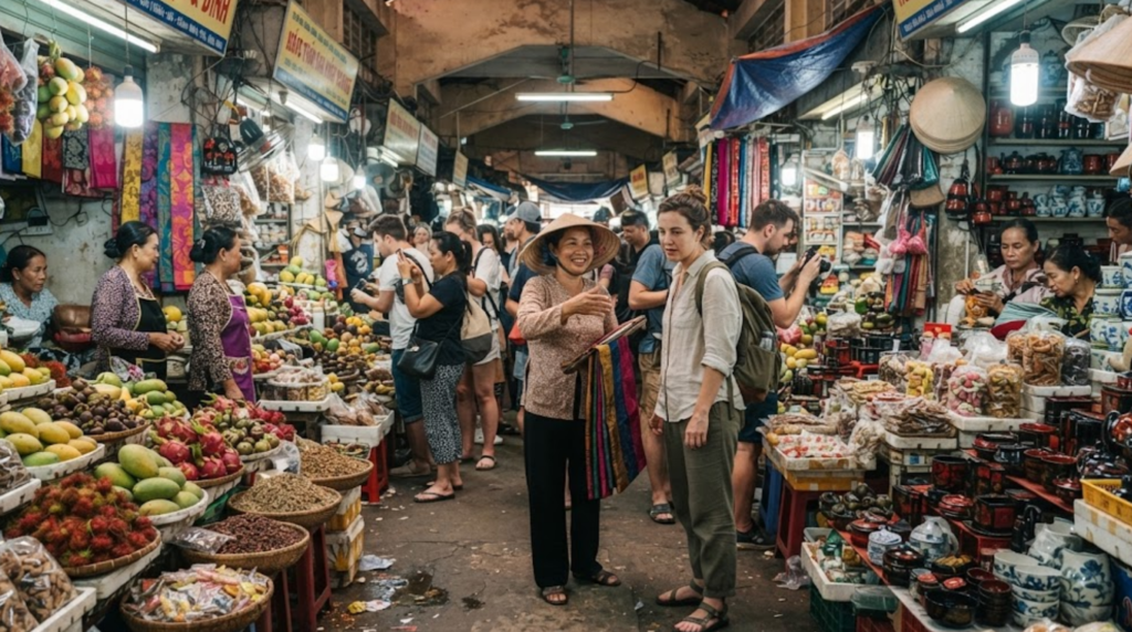 documentary street photograph inside Ben Thanh Market, Ho Chi Minh City, Vietnam, authentic busy market aisle filled with Vietnamese vendors