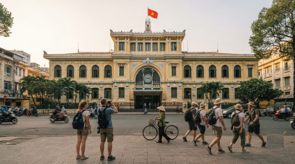 professional architectural travel photograph of Saigon Central Post Office in Ho Chi Minh City, Vietnam, grand yellow French colonial façade with realistic architectural details,