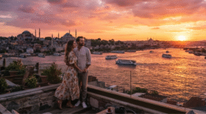 cinematic sunset photograph overlooking Istanbul and the Bosphorus, Turkey, adult couple standing at a scenic rooftop viewpoint