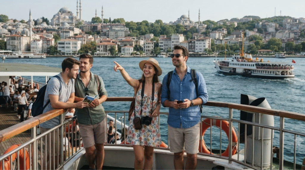 photograph of adult travellers standing on a Bosphorus ferry in Istanbul, Turkey, looking toward the Asian side of the city, dramatic skyline with mosques