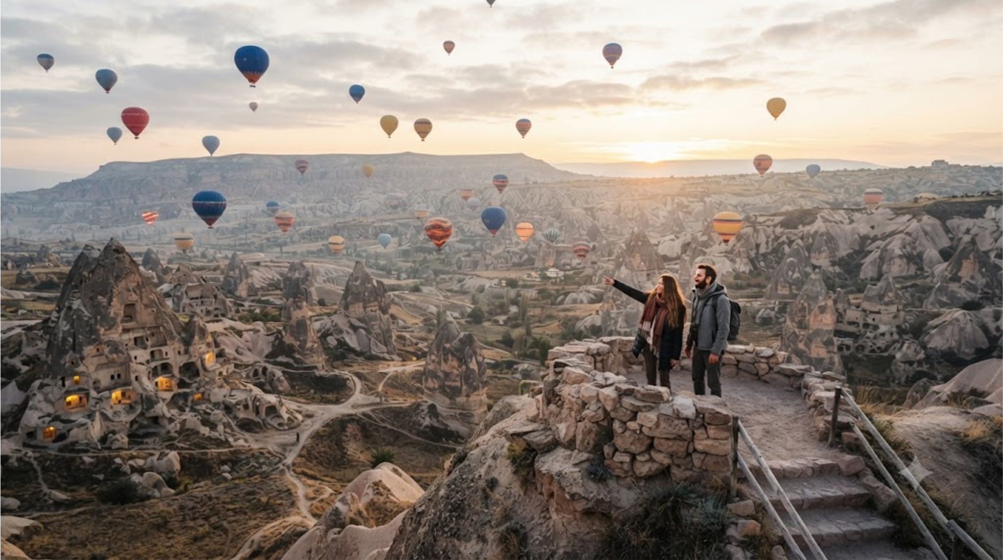 cinematic aerial travel photograph of Cappadocia, Turkey at sunrise, dozens of colorful hot-air balloons floating above an extraordinary landscape of fairy chimneys,
