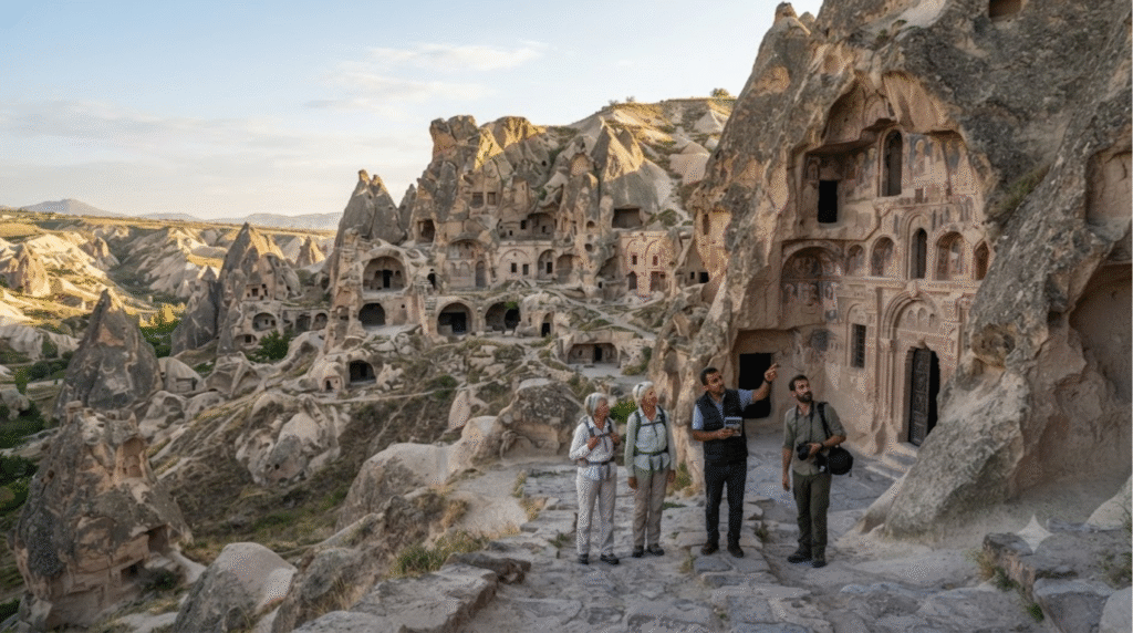 historical travel photograph of Göreme Open-Air Museum in Cappadocia, Turkey, ancient rock-cut churches and monastery structures carved into dramatic volcanic cliffs