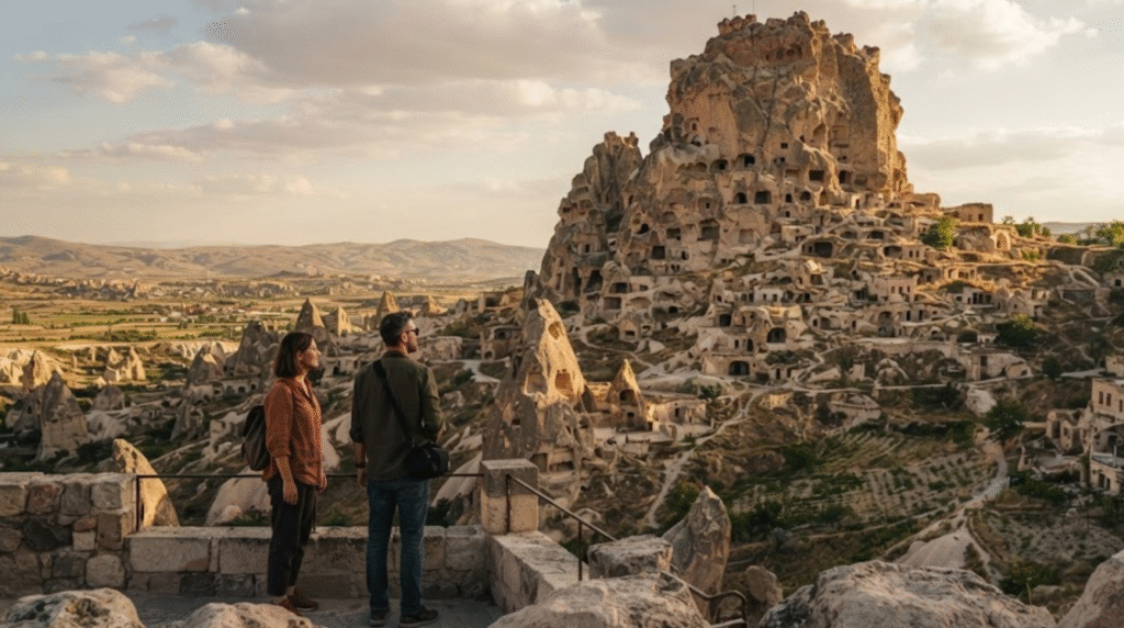 photograph of Uchisar Castle in Cappadocia, Turkey, enormous natural rock fortress filled with cave openings rising dramatically above the surrounding valleys