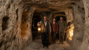 historical travel photograph inside Derinkuyu Underground City in Cappadocia, Turkey, narrow ancient stone tunnel leading into underground chambers