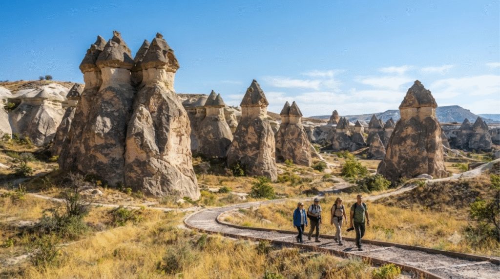 landscape travel photograph of Pasabag Valley, Cappadocia, Turkey, striking cluster of tall multi-headed fairy chimneys and naturally sculpted volcanic rock formations