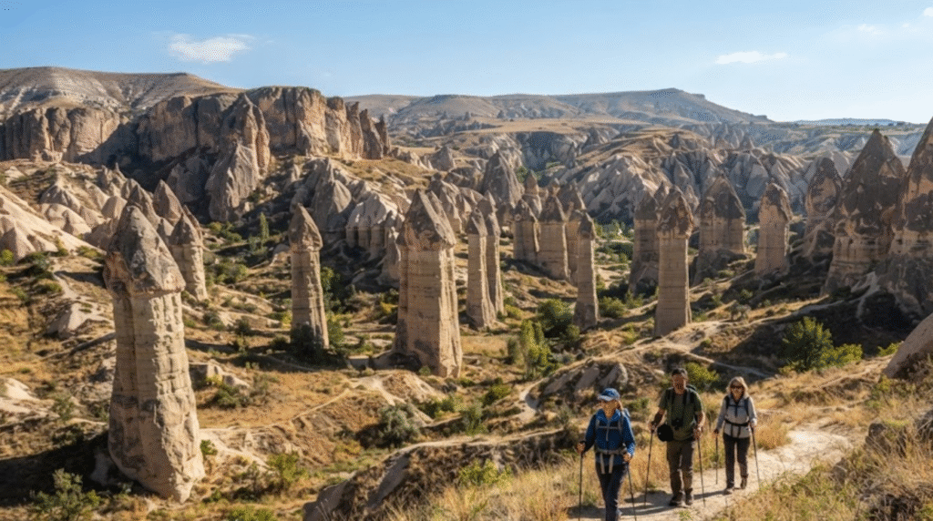 hiking photograph of Love Valley in Cappadocia, Turkey, dramatic valley filled with tall slender fairy chimneys and unusual rock formations,