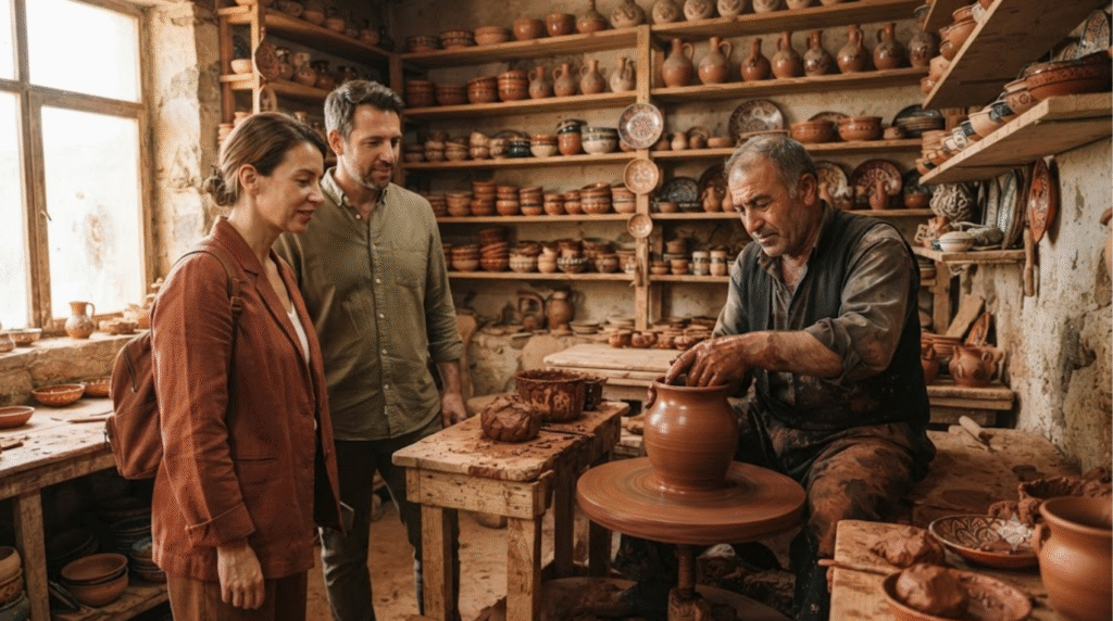 cultural travel photograph inside a traditional pottery workshop in Avanos, Cappadocia, Turkey, skilled adult Turkish potter shaping clay on a traditional pottery wheel,