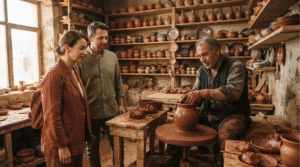 cultural travel photograph inside a traditional pottery workshop in Avanos, Cappadocia, Turkey, skilled adult Turkish potter shaping clay on a traditional pottery wheel,