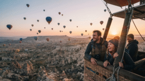 adventure travel photograph from inside a hot-air balloon basket above Cappadocia, Turkey at sunrise,