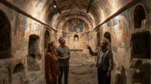 historical travel photograph inside an ancient cave church in Cappadocia, Turkey