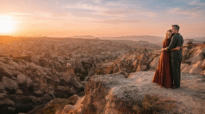 cinematic sunset landscape of Cappadocia, Turkey, adult couple standing on a dramatic rocky viewpoint overlooking layered valleys and fairy chimneys