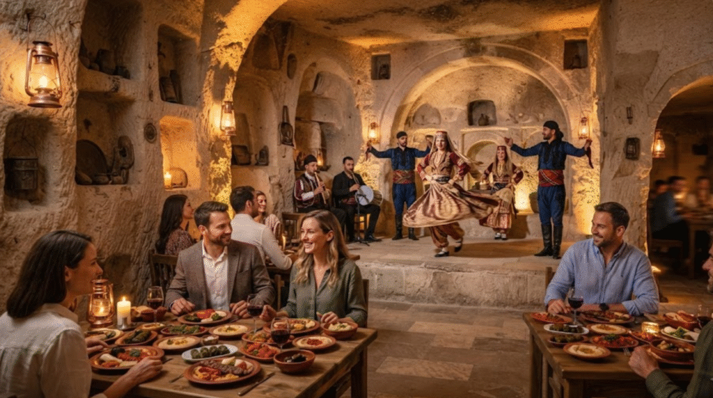 cultural evening experience in Cappadocia, Turkey, traditional Turkish cultural performance inside a historic stone cave venue, adult travellers seated around tables enjoying authentic