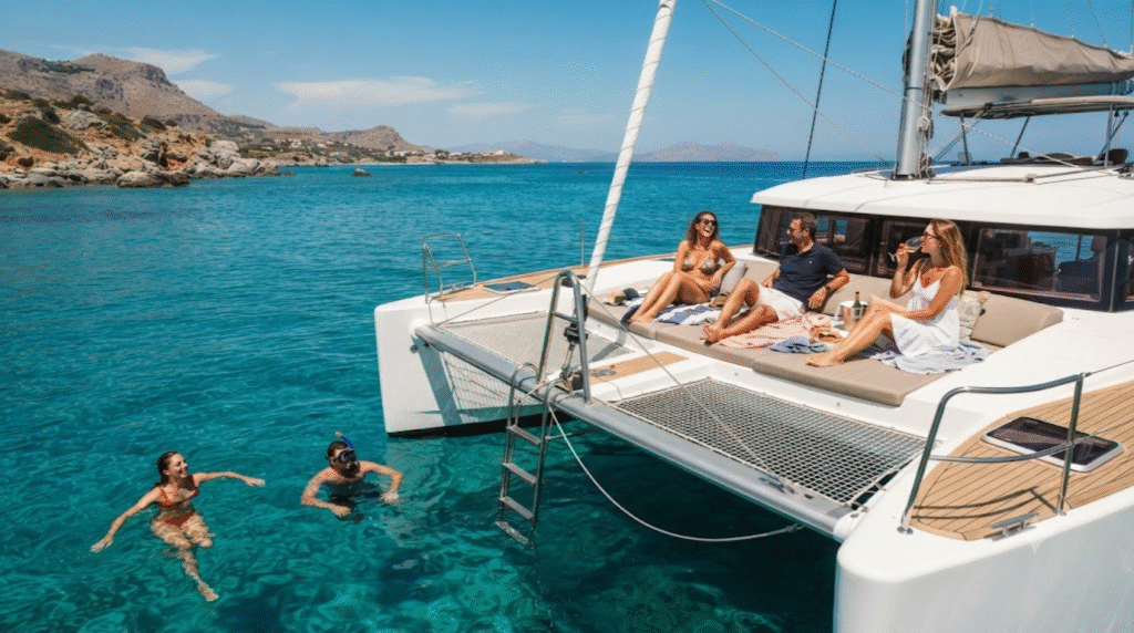 sailing lifestyle photograph of a group of adult friends spending a sunny day aboard a modern catamaran near Rhodes, Greece,