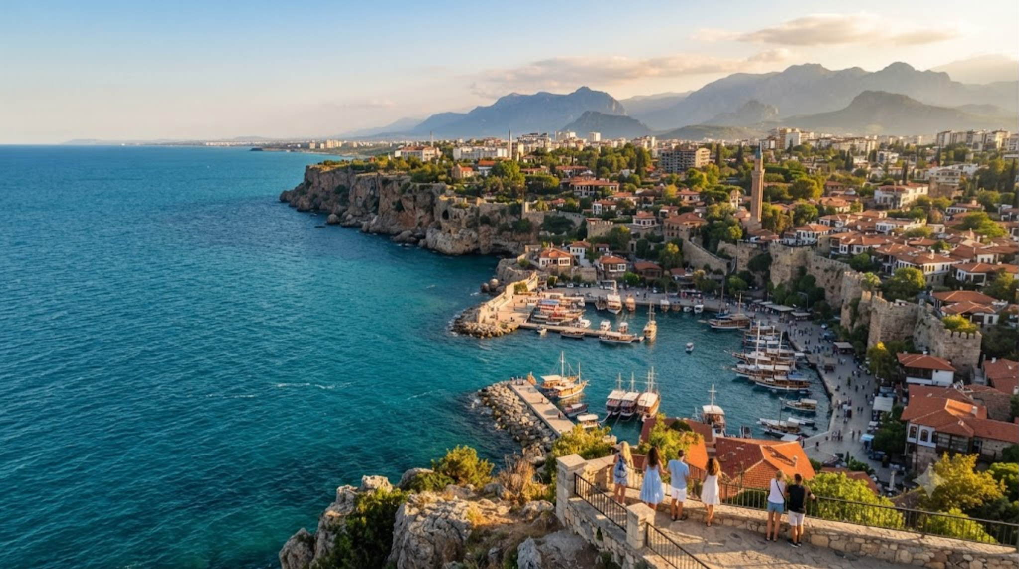 cinematic aerial travel photograph of Antalya, Turkey, sweeping view of the turquoise Mediterranean