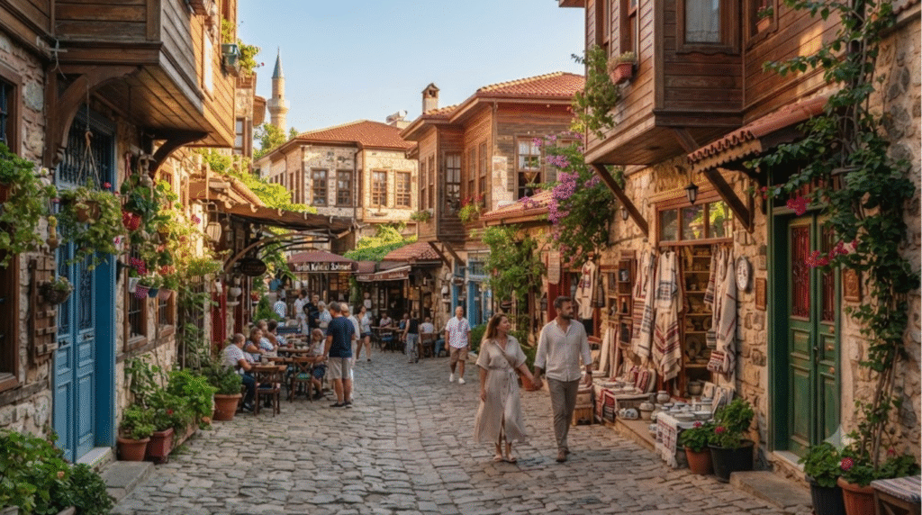 street-level travel photograph of Kaleici Old Town in Antalya, Turkey, narrow cobblestone lane lined with beautifully restored