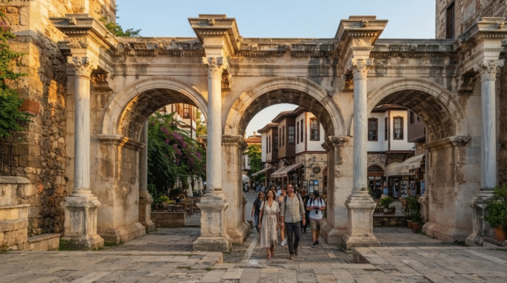 architectural travel photograph of Hadrian's Gate in Antalya, Turkey, magnificent ancient Roman marble gateway with three elegant arches and detailed stone