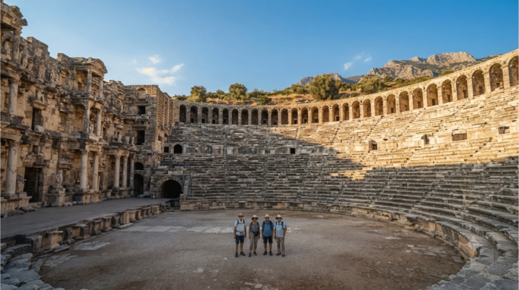 Photorealistic architectural travel photograph of the ancient Aspendos Roman Theatre near Antalya, Turkey, enormous semicircular stone amphitheatre with remarkably