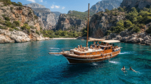 adventure travel photograph of a modern wooden day boat cruising along the Mediterranean coast near Antalya, Turkey, adult travellers relaxing on deck