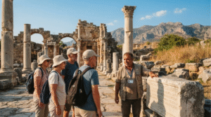 cultural travel photograph of adult travellers exploring ancient Roman ruins near Antalya, Turkey, local archaeological guide explaining