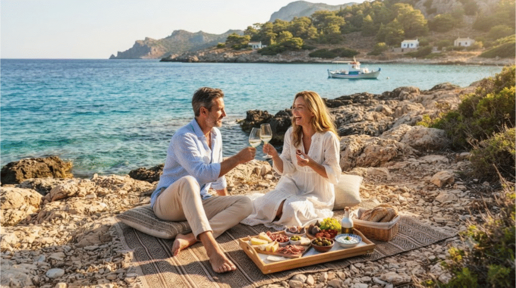 luxury travel lifestyle photograph of an adult couple enjoying a private picnic on a secluded rocky beach in Rhodes, Greece, elegant picnic arrangement with Greek fruits,
