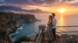 cinematic sunset photograph from a scenic coastal viewpoint in Antalya, Turkey,