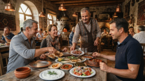 culinary travel photograph at a traditional Antalya restaurant, Turkey, adult travellers enjoying an authentic Turkish meal with grilled fish
