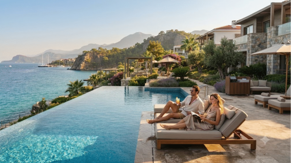 luxury resort travel photograph in Antalya, Turkey, elegant modern Mediterranean resort overlooking the turquoise sea,