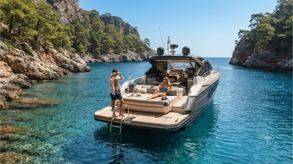 luxury yacht lifestyle photograph near Antalya, Turkey, adult couple relaxing on the deck of a sleek private yacht anchored beside a secluded turquoise cove