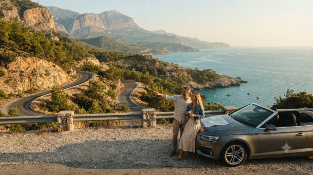 road-trip travel photograph on the Turkish Riviera near Antalya, Turkey, adult couple standing beside a stylish rental car at a scenic mountain road viewpoint,