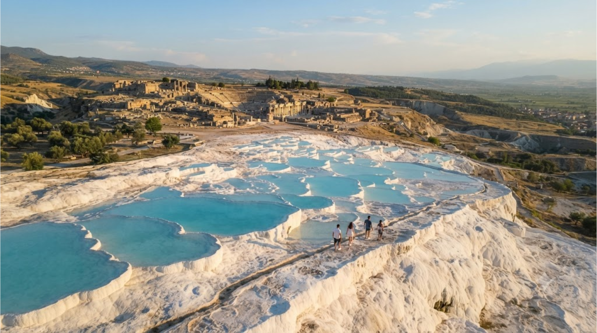 Photorealistic cinematic aerial travel photograph of Pamukkale, Turkey, brilliant white travertine terraces cascading down a hillside with turquoise thermal pools