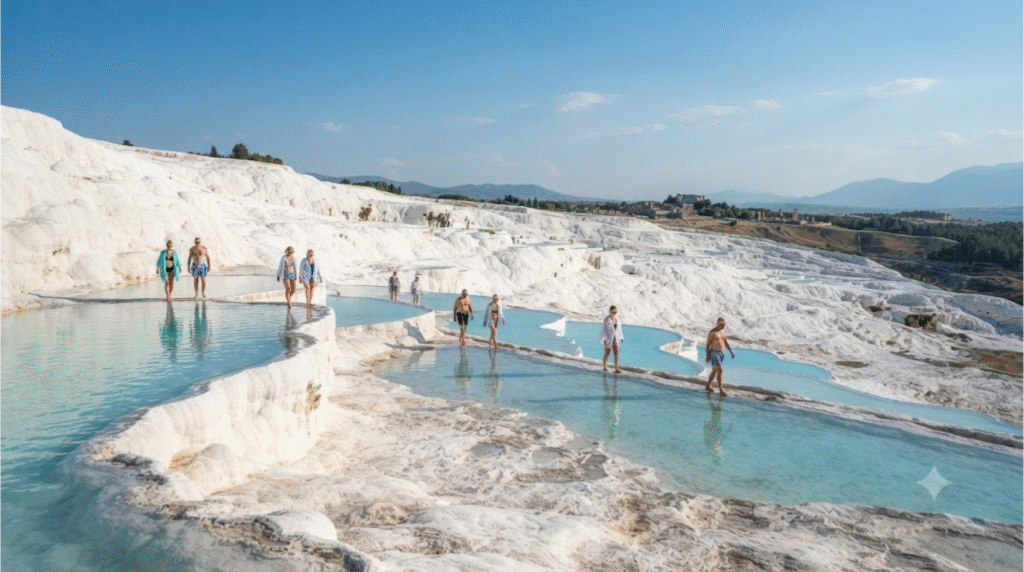 Photorealistic wide-angle landscape photograph of Pamukkale travertine terraces in Turkey, brilliant white cascading limestone formations filled with shallow turquoise thermal pools, several adult travellers walking barefoot along the permitted terrace areas, dramatic layered landscape extending across the hillside, clear blue sky, bright natural sunlight,