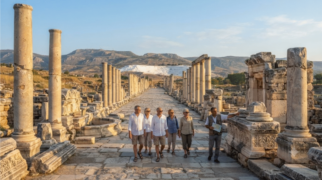 Photorealistic archaeological travel photograph of Hierapolis Ancient City near Pamukkale, Turkey, ancient stone colonnaded street with Roman ruins