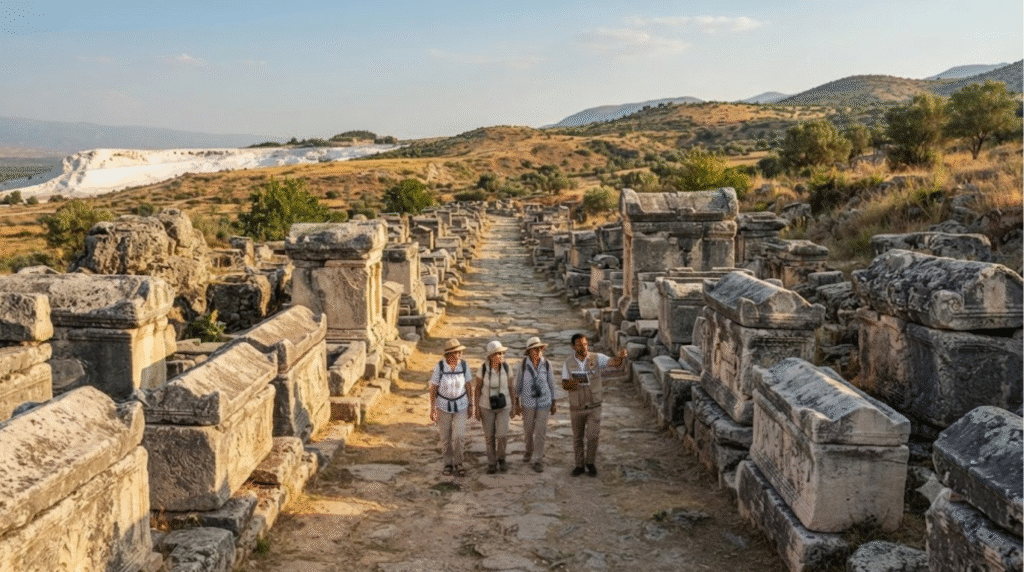 archaeological landscape photograph of the Hierapolis Necropolis near Pamukkale, Turkey, long ancient pathway lined with impressive Roman-era stone sarcophagi,