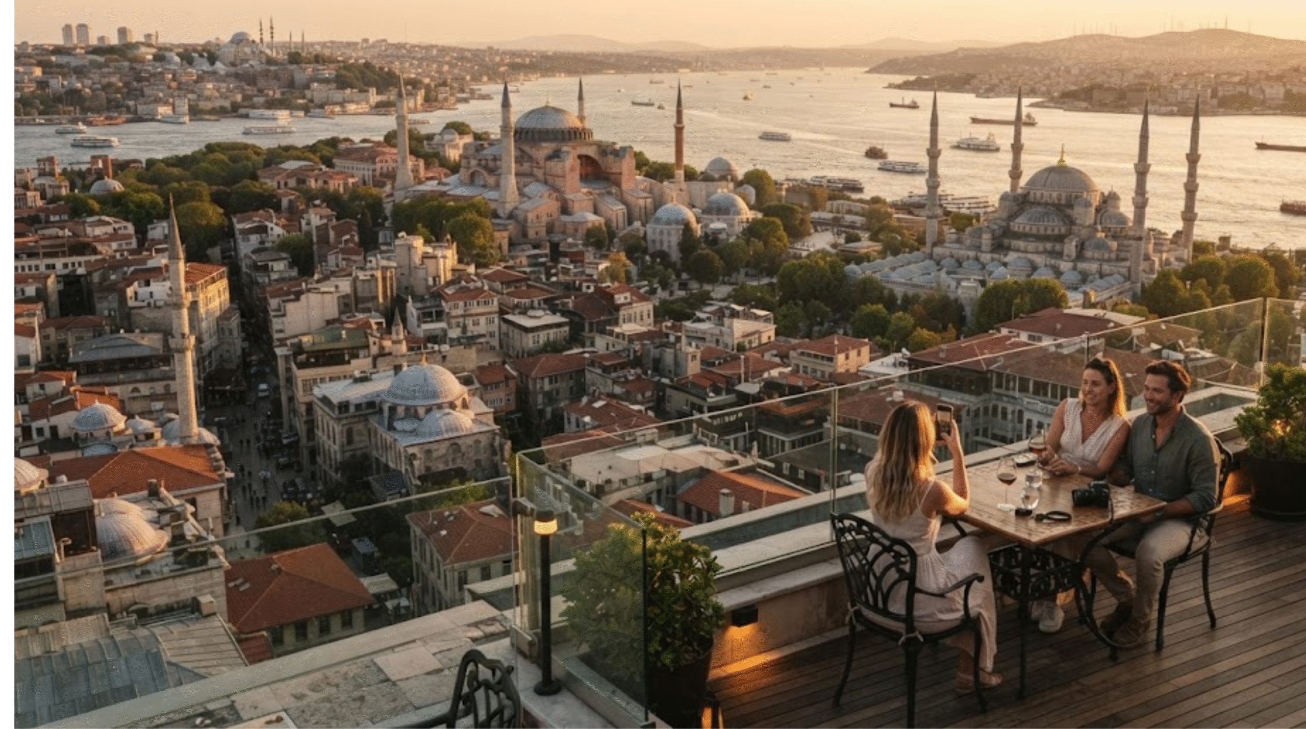 cinematic aerial travel photograph of Istanbul, Turkey at golden hour, iconic Hagia Sophia and Blue Mosque visible across the historic Sultanahmet skyline