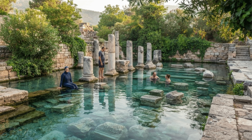 travel photograph of Cleopatra's Pool in Pamukkale, Turkey, naturally warm turquoise thermal water surrounded by ancient submerged marble columns and stone ruins,