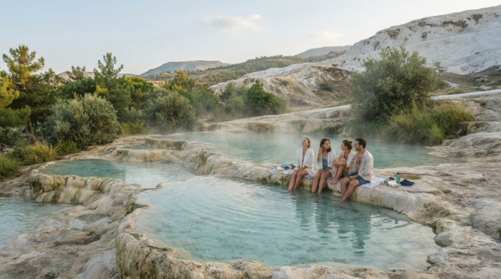 wellness travel photograph at a natural thermal spring area in Pamukkale, Turkey,