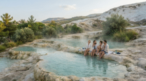 wellness travel photograph at a natural thermal spring area in Pamukkale, Turkey,